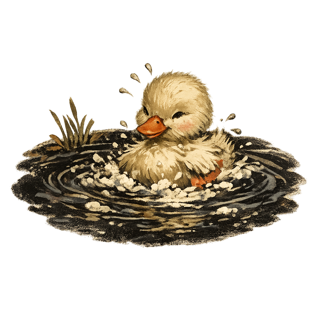 Little duck bathing in black pond