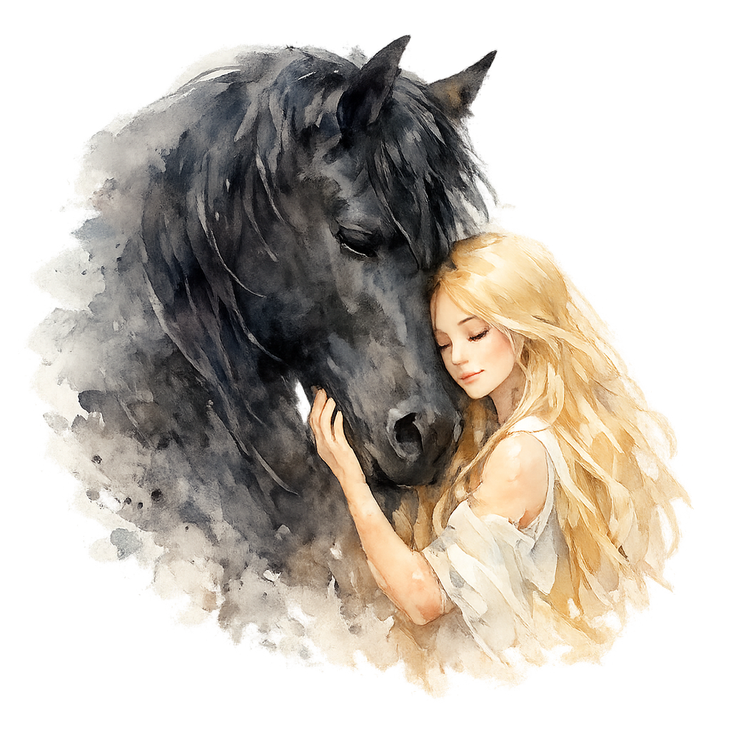 Blonde Girl Hugs Her Horse Watercolor