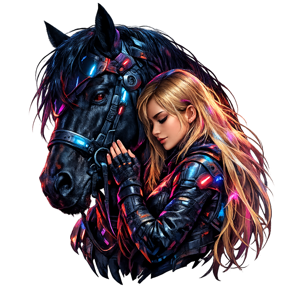 Blong Girl Hugs Her Horse Cyberpunk Style