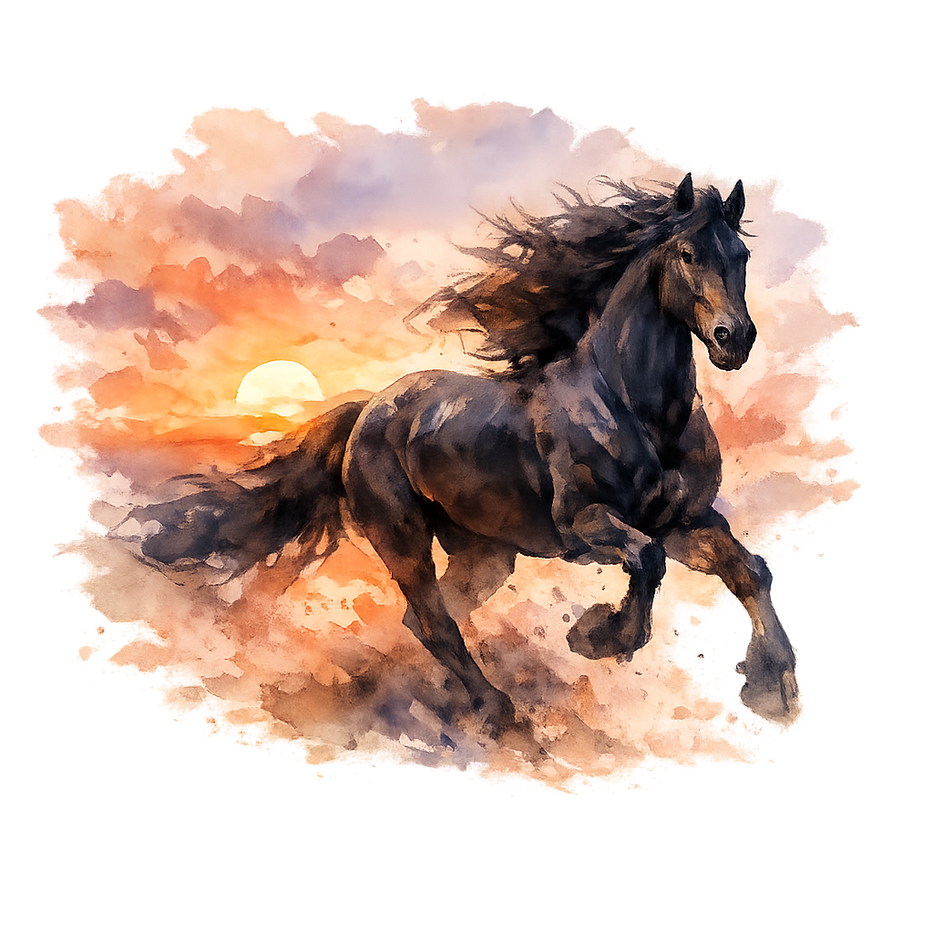 Dark Horse Gallop at Sunset Watercolor