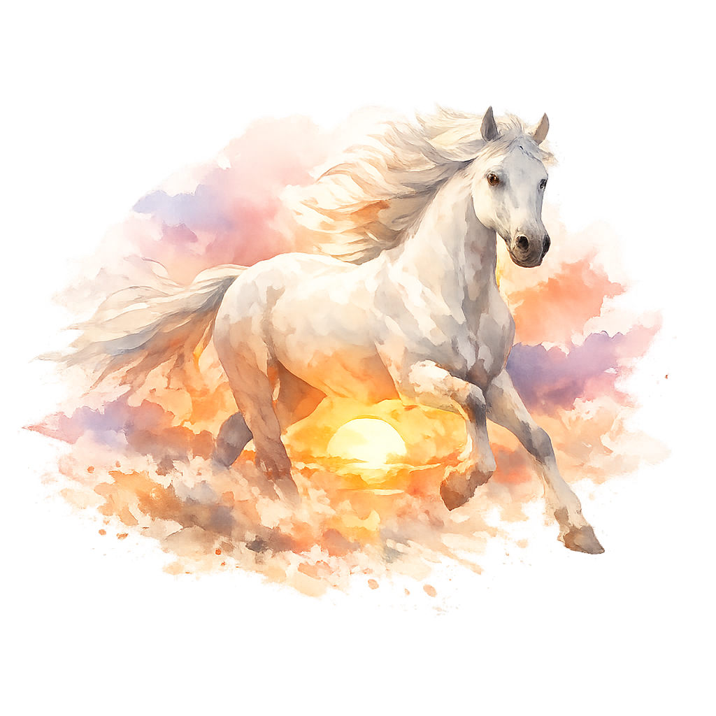 White Horse Gallop at Sunset Watercolor